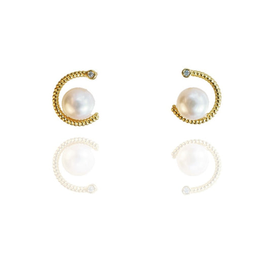 White Freshwater Pearl C Shape Earrings In Sterling Silver